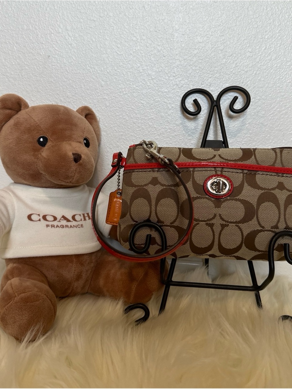 Coach Brown Signature Canvas Wristlet with Red Trim